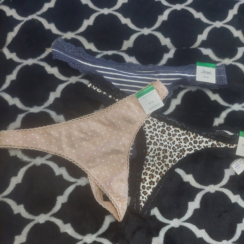 NWT Jenni‎ Lot Of 3 Thongs- Beige, Leopard, and Blue Stripe size large